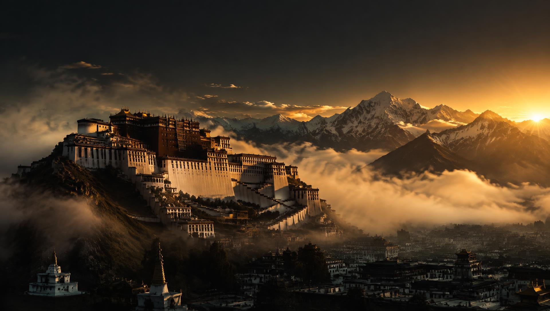 The Potala Palace at sunrise above a sea of fog